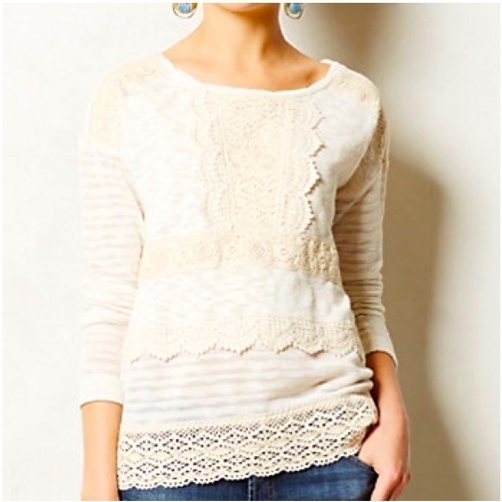 One September Anthropologie Heirloom cream lace scoop neck crochet cozy sweater